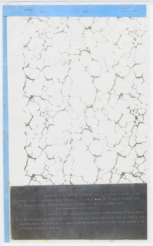 Transcripts of meeting about incorporating the Town of Miami Beach - Cover: Transcript of proceedings of meeting held in pursuance to notice at the office of the Ocean Beach Realty Company in the Town of Miami Beach, on the 26th day of March, 1915, at 7:30 o'clock P.M. for the purpose of incorporating the Town of Miami Beach.