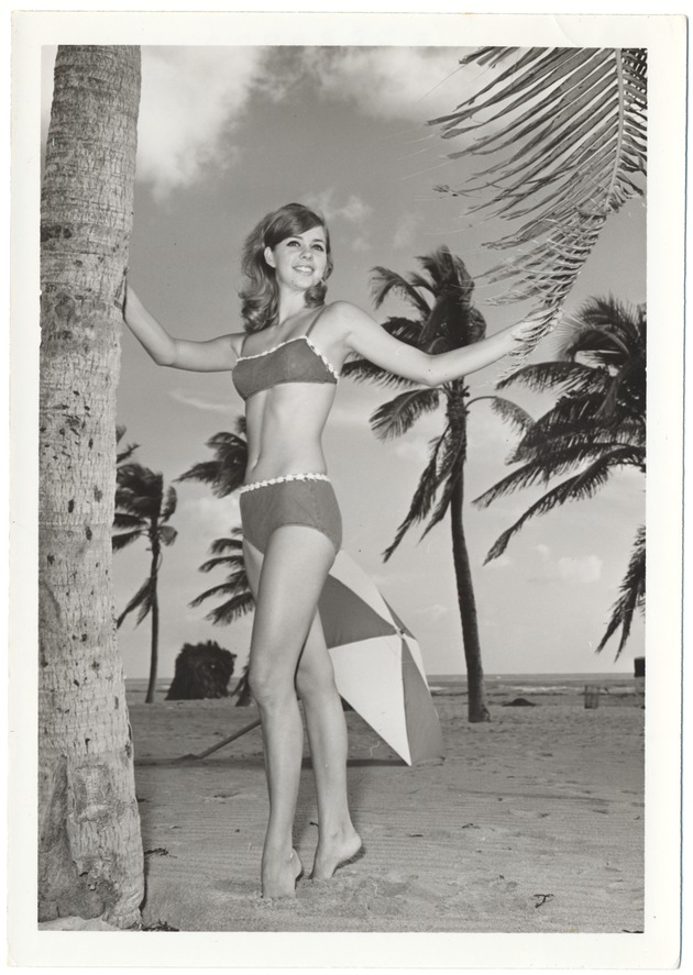 Melinda Brady between a palm tree's leaf and trunk - 