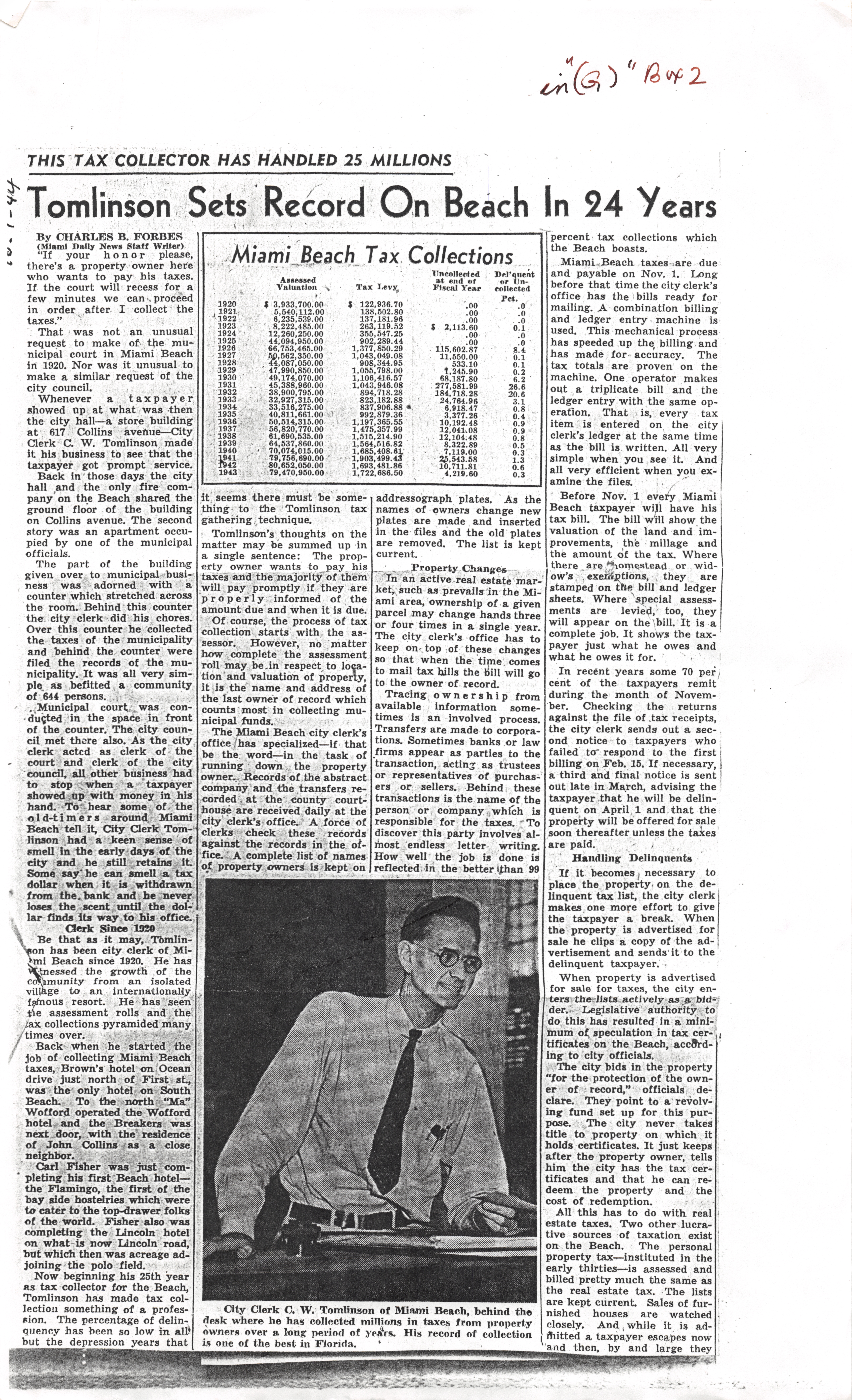 C.W. Tomlinson, Miami Beach City Clerk article - Photocopy, p. 1: Clipping, [Text] "Tomlinson Sets Record On Beach In 24 Years" by Charles B. Forbes, Miami Daily News, October 1, 1944 [Photographic Illustration]