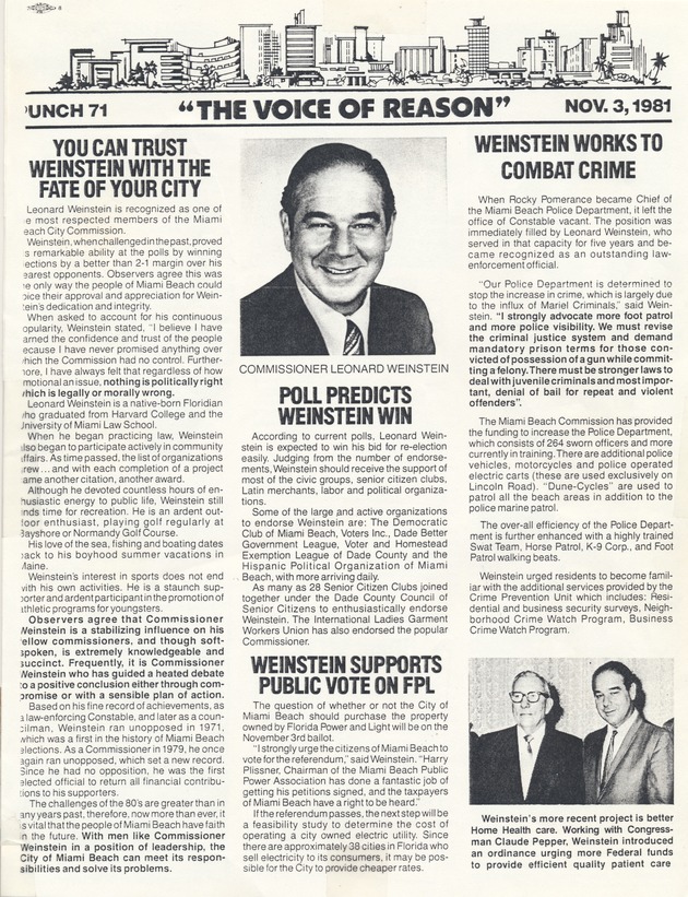 1981 re-election campaign pamphlet for Commissioner Leonard Weinstein - Pamphlet, cover: Punch 71 "The Voice of Reason"  Nov. 3, 1981