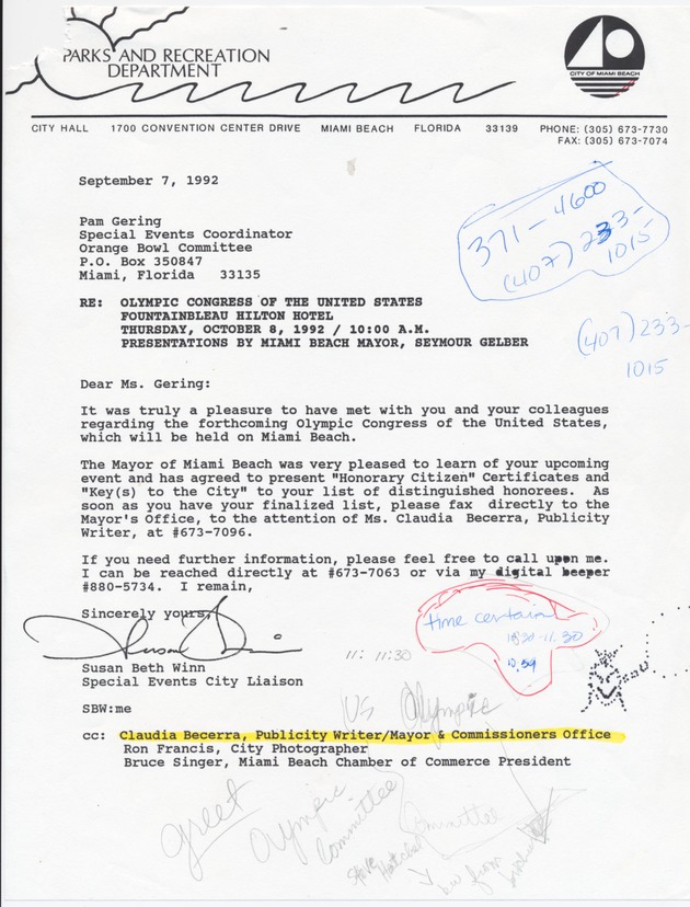 Olympic Congress of the United States documents and ephemera - [Letter addressed to Special Events Coordinator Pam Gering from Special Events City Liasion, September 7, 1992]