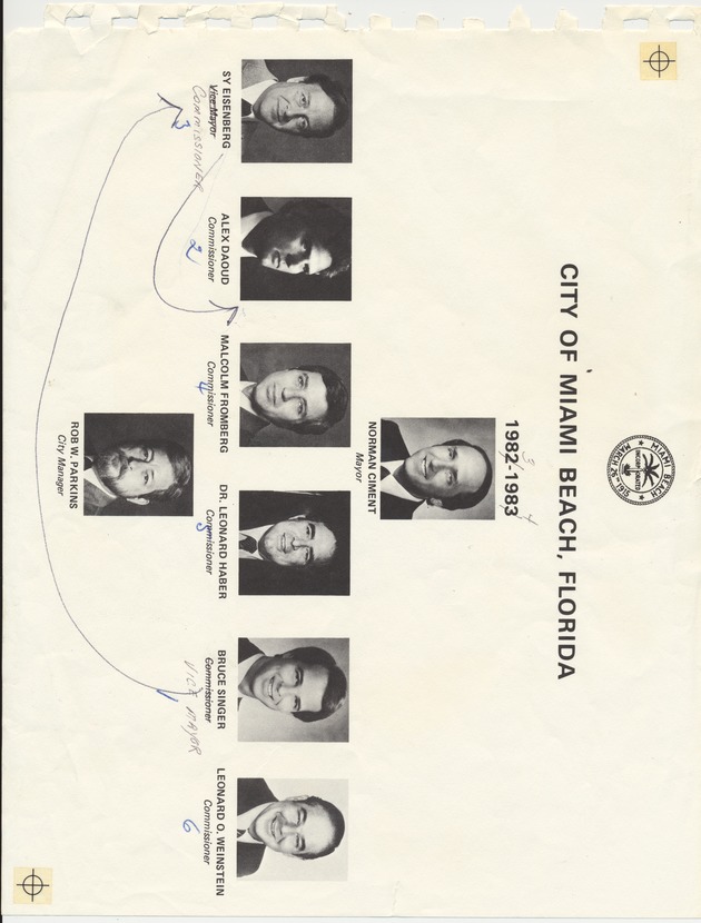 Miami Beach City Commission portraits, 1983-84 - Page, recto: [Portraits of members of the Miami Beach City Commission, 1983-1984]