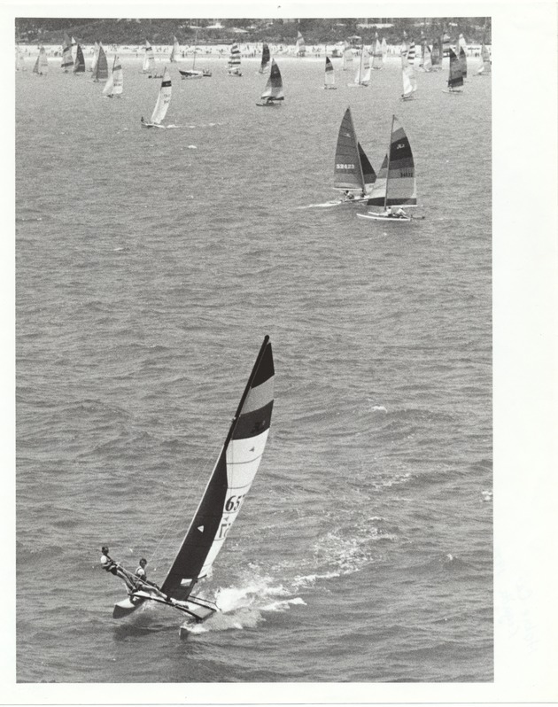 Regattas and aerial views of Miami Beach, 1979-1980 - Photograph, recto: [View of Hobie Cat, regatta 1989-1990]