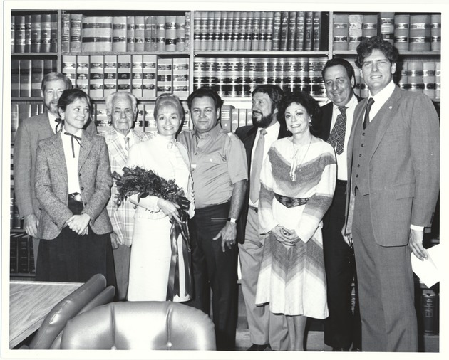 Miami Beach city officials with various visitors, 1980s - Photograph, recto: [Left to right City Manager Rob Parkins, Lucia Dougherty, unidentified couple, Ben Grenauld, Rob Parkin's secretary, City Attorney Larry Feingold and Alex Daoud]