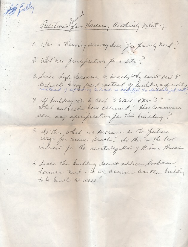 Handwritten questions for a Housing Authority Meeting and caricature of Rob Parkins - Manuscript, recto: [Questions for Housing Authority Meeting to "Billy" (William Shockett), probably written by City Manager Rob Parkins, ca. 1985]