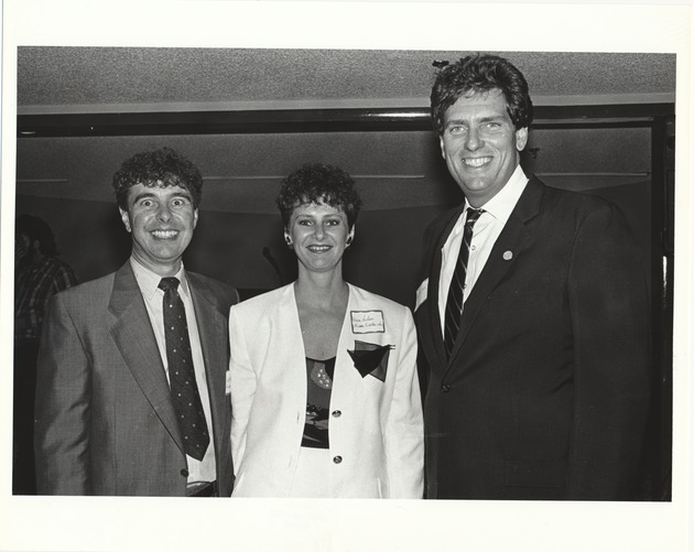 Miami Beach Mayor Alex Daoud at various events, 1980s - Photograph, recto: [Portrait of Mayor Alex Daoud with Karen Nelson and an unidentified individual]