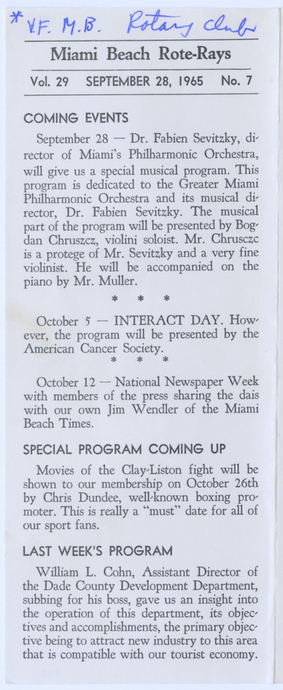 Miami Beach Rote-Rays - Pamphlet, cover: Miami Beach Rote-Rays, September 28, 1965