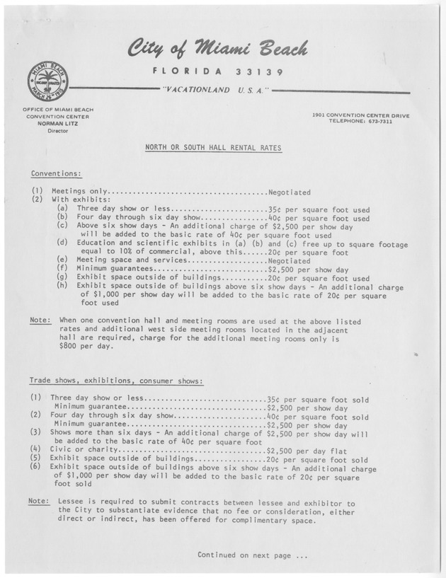 Leaflets with rents, rates and planning from the Miami Beach Convention Center and Theater of the Performing Arts, 1979 - Leaflet, recto: North or South Hall rental rates