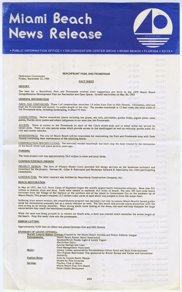 Island View Park and the Beachfront Park and Promenade documents - Press release, recto: Beachfront Park and Promenade Dedication Ceremonies Friday, September 21, 1984