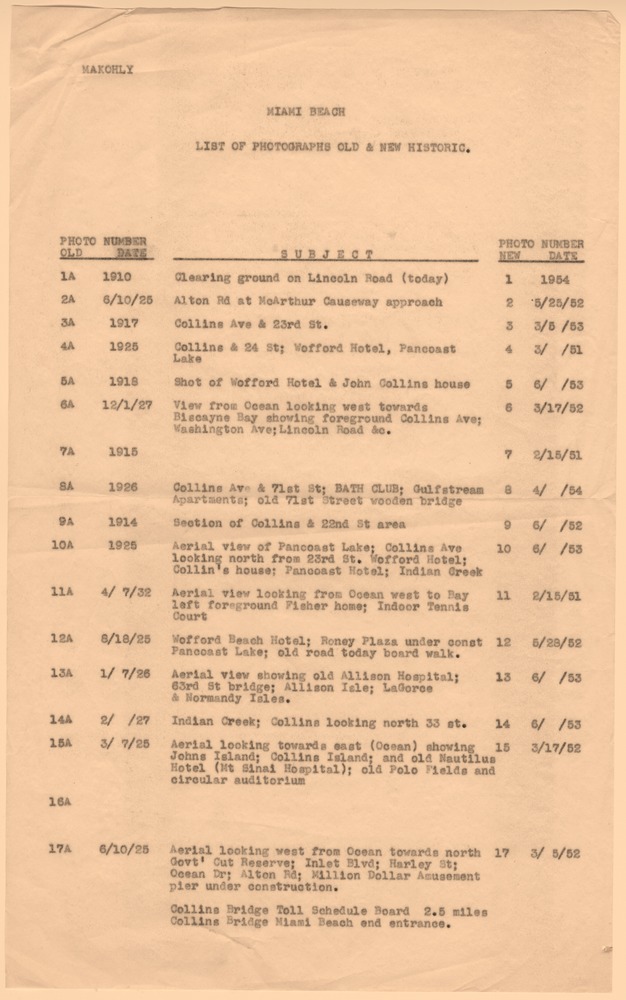Typewritten list of historic photographs