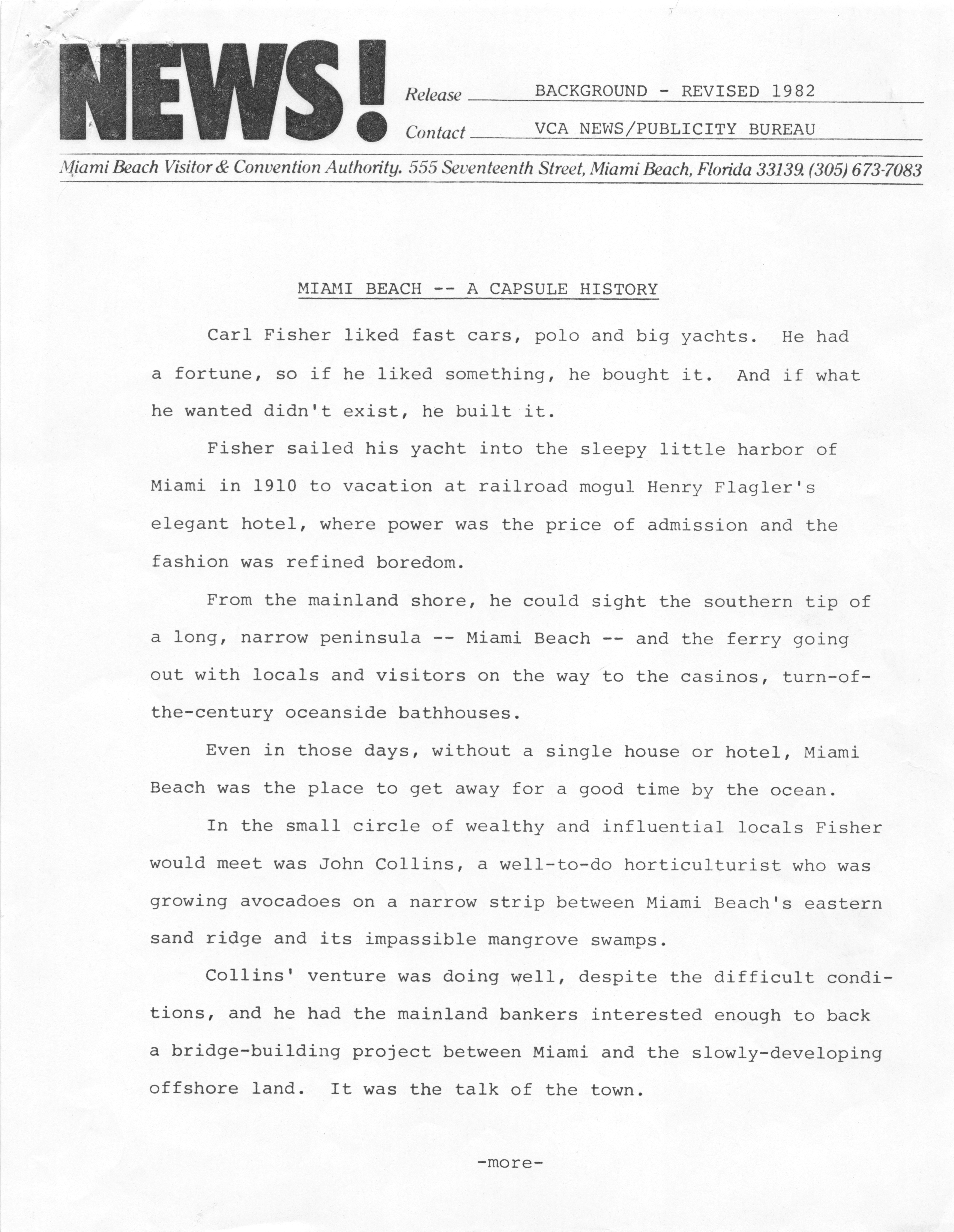 Brief histories of Miami Beach - Typescript, p. 1: Miami Beach - A Capsule History [Miami Beach Visitor & Convention Authority Newsletter, 1982]