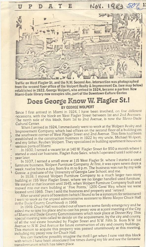 1980s newspaper clipings about Miami Beach social life and history - Clipping, recto: [Text] Does George Know W. Flagler St.! [by George Wolpert, November 1983] [Photographic Illustration]