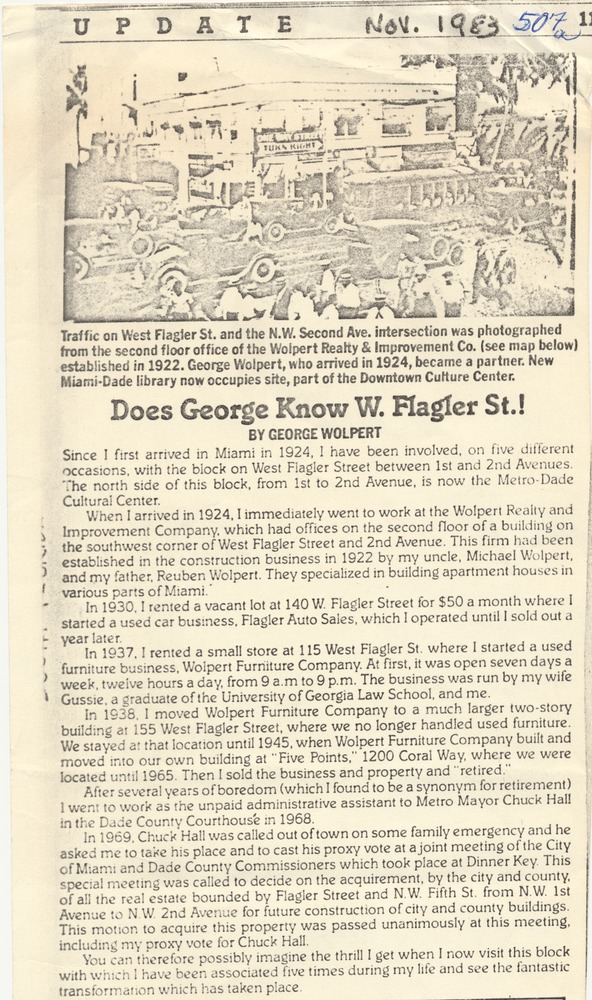 1980s newspaper clipings about Miami Beach social life and history - Clipping, recto: [Text] Does George Know W. Flagler St.! [by George Wolpert, November 1983] [Photographic Illustration]
