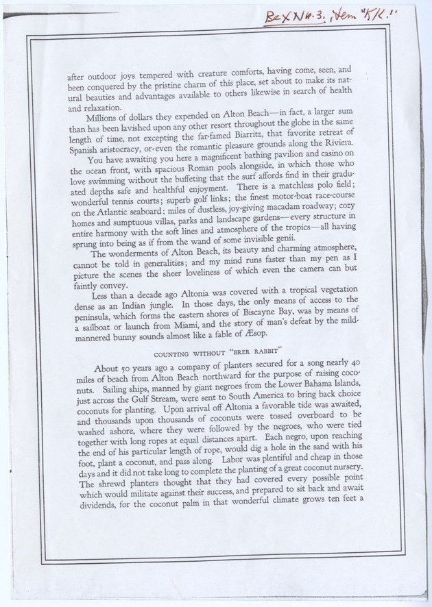 Documents and photograph regarding the history of Miami Beach and trains - Typescript, recto: [Unidentified document discussing history of "Alton Beach"]