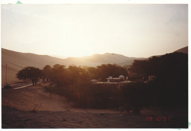 Lake Huacachina in Ica, Peru (sister city to Miami Beach) - Photograph, recto: [Lake Huacachina, Ica, Peru, 1983]