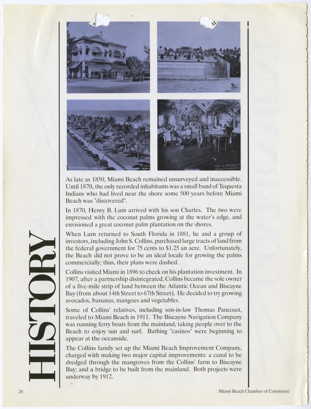 History of Miami Beach article published in Miami Beach Chamber of Commerce Report - Clipipng, p. 1: "History" [of Miami Beach]