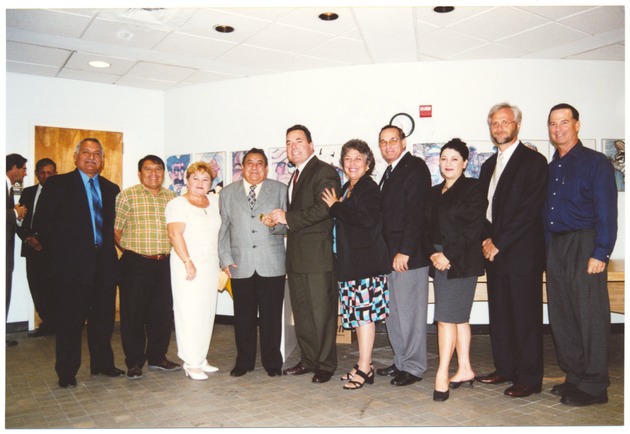 Latin American Week celebrations, 2001 - Photograph, recto: [Left to right visitors from sister city Ica, Mayor Neisen Kasdin, Commissioner Matti Bower, unidentified individuals and Bruce Singer during the 2001 Latin American Week]