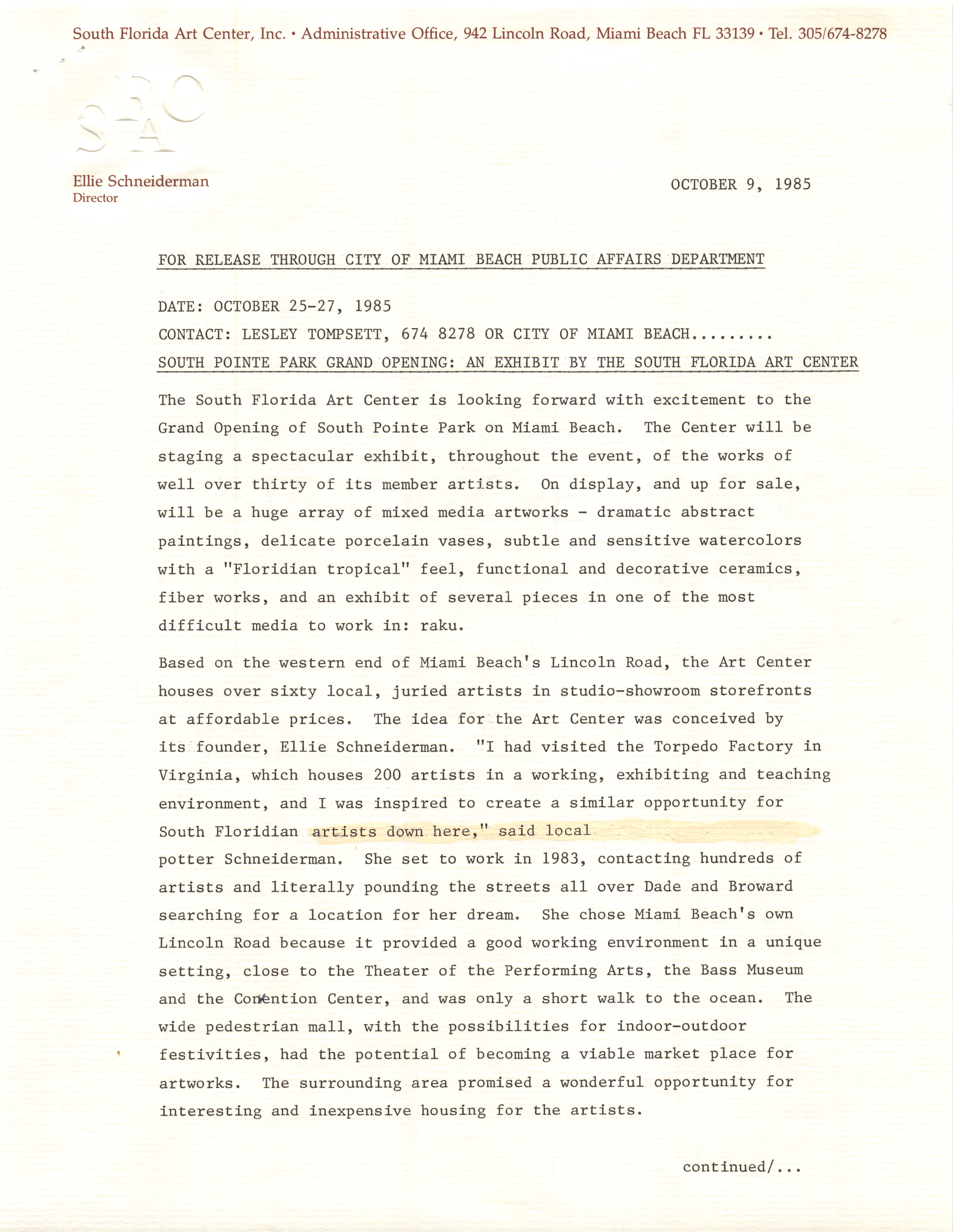 Documents related to the South Pointe Park Grand Opening - Press release, p. 1: South Pointe Park Grand Opening: An Exhibit by the South Florida Art Center, October 9, 1985