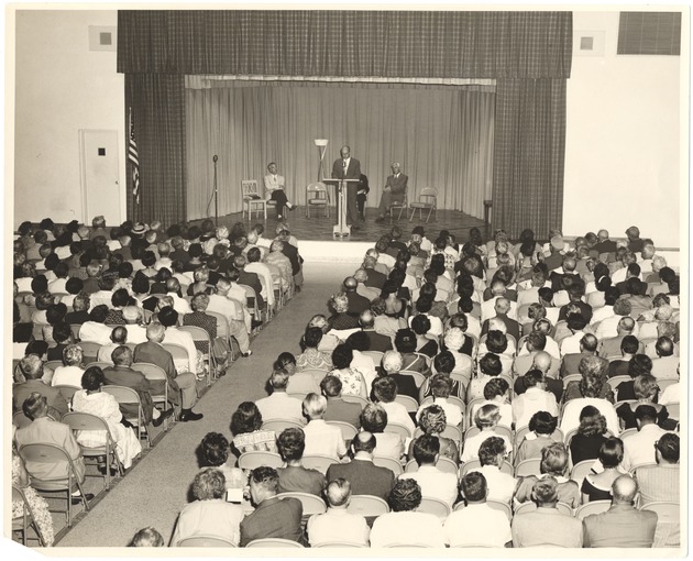 Miami Beach meetings and concerts, 1979 - Photograph, recto: [Meeting at the Tenth Street and Ocean Drive auditorium]