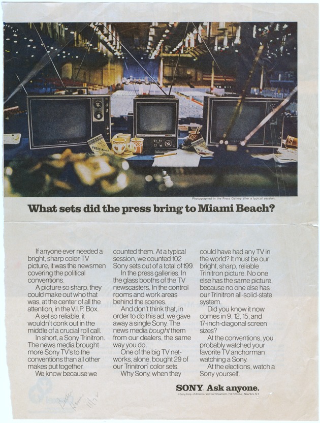Advertisement for television sets - Clipping, recto: "What sets did the press bring to Miami Beach?" [Advertisement for SONY]