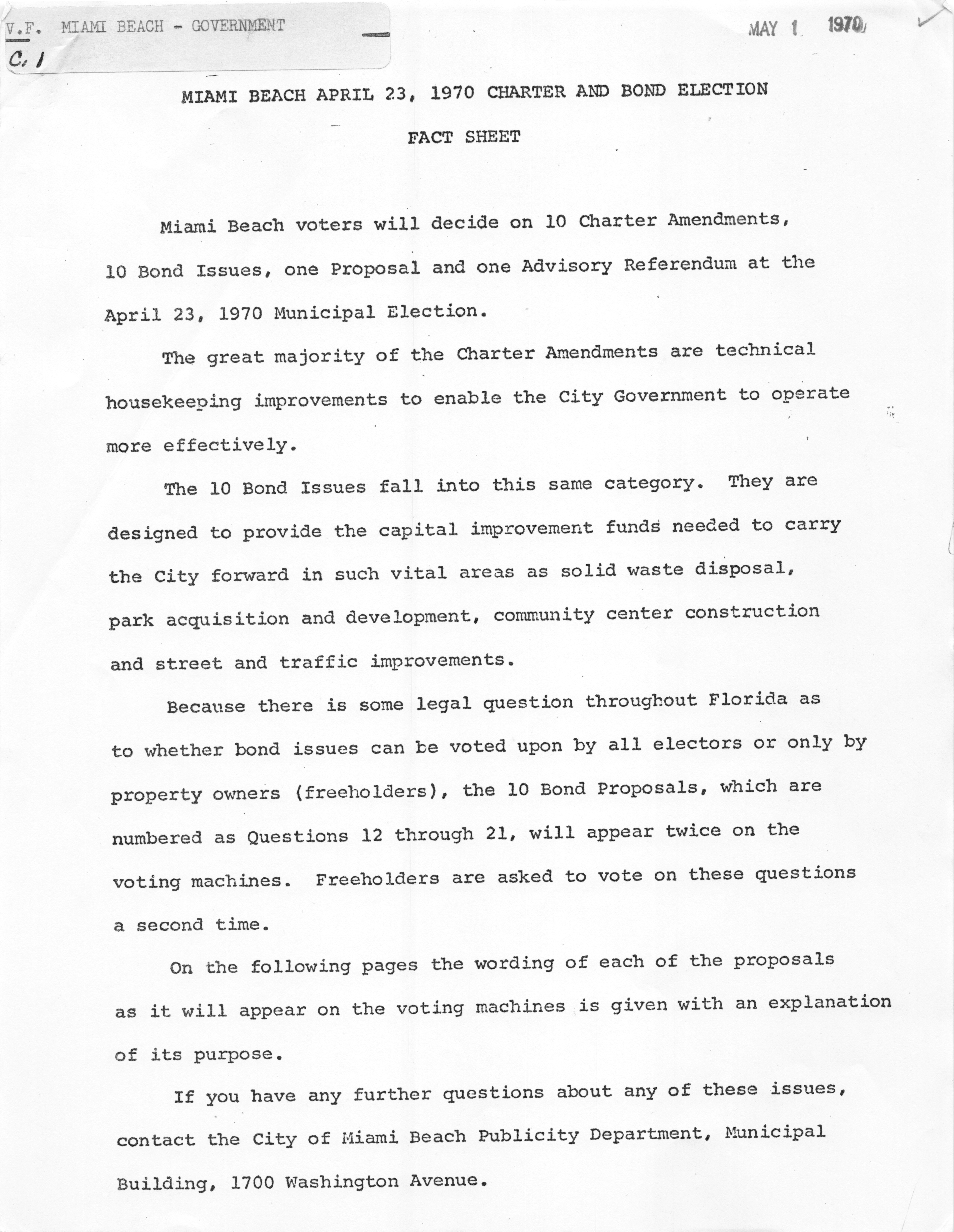 Miami Beach charter and bond election fact sheet - Typescript, cover: Miami Beach April 23, 1970. Charter and bond election. Fact sheet
