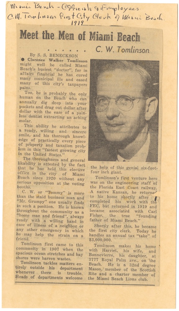 Meet the Men of Miami Beach: C.W. Tomlinson Newspaper Clipping - Recto
