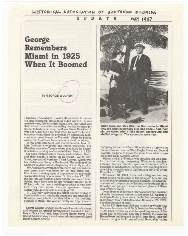 "George Remembers Miami in 1925 When It Boomed" - by George Wolpert and Descriptions of Photographs from Miami Beach History Book - 