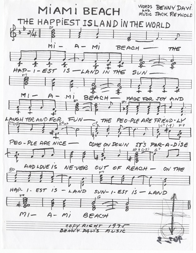 Miami Beach: The Happiest Island in the World sheet music - Document, recto: [Musical lead sheet for song: Miami Beach, the happiest island in the world]