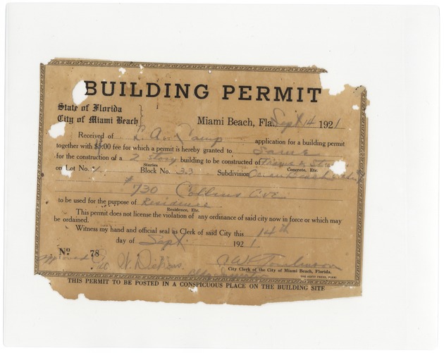 Miami Beach building permit - Recto