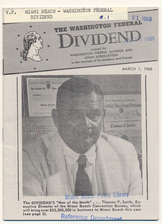 The Dividend. March 1, 1960 - Pamphlet, p. 1: The Dividend [Portrait of Thomas F. Smith, Executive Director of the Miami Beach Convention Bureau]
