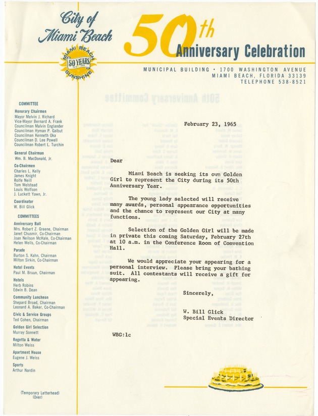 Golden Girl Contest documents, including letters from contestants, 1965 - Typescript: February 13, 1965