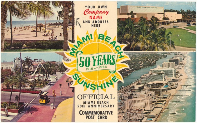 Miami Beach 50 years 1915-1965. - Flier, recto: Miami Beach Sunshine 50 years 1915-1965