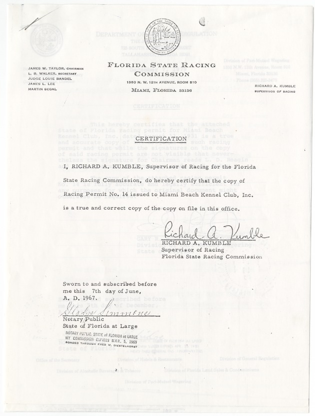 Miami Beach Kennel Club Racing Permit - Recto