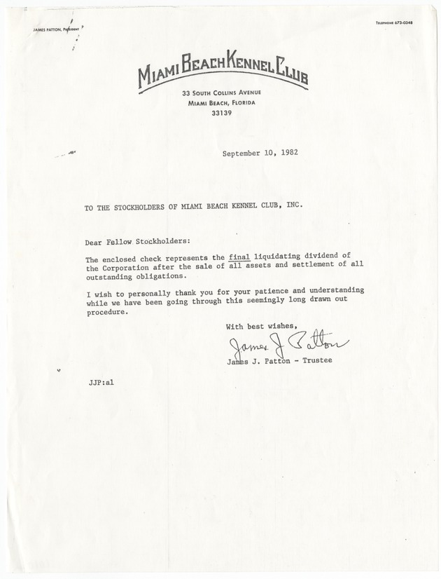 Letter to stockholders from Miami Beach Kennel Club - Recto