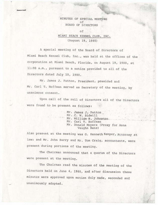 Minutes of Special Meeting of Board of Directors of Miami Beach Kennel Club, Inc. - Page 1