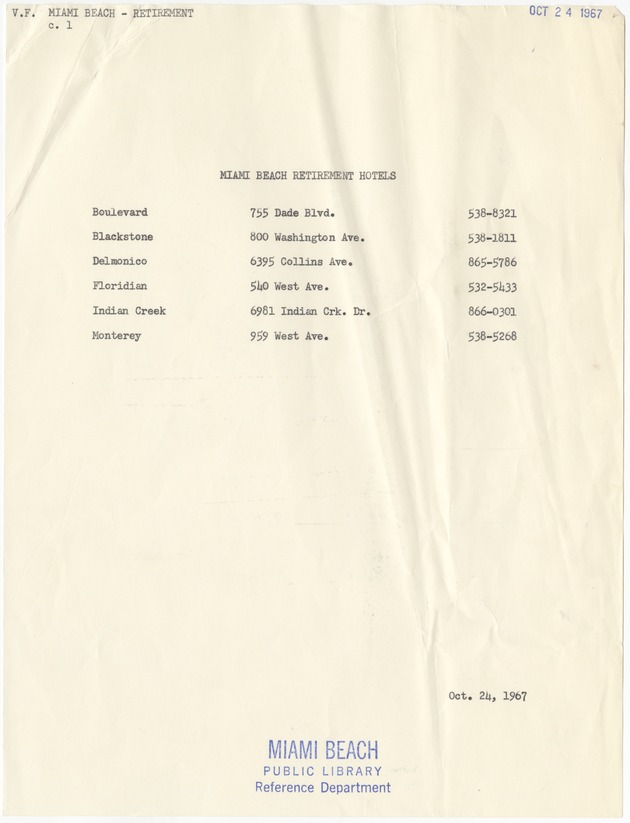 Miami Beach Retirement Hotels list, 1967 - Document, recto: Miami Beach Retirement Hotels 