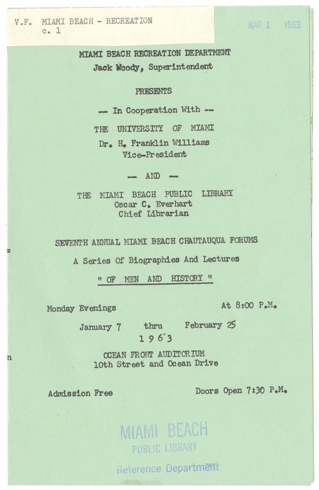 Seventh Annual Miami Beach Chautauqua Forums - Flier, p.1 : Seventh Annual Miami Beach Chautauqua Forums