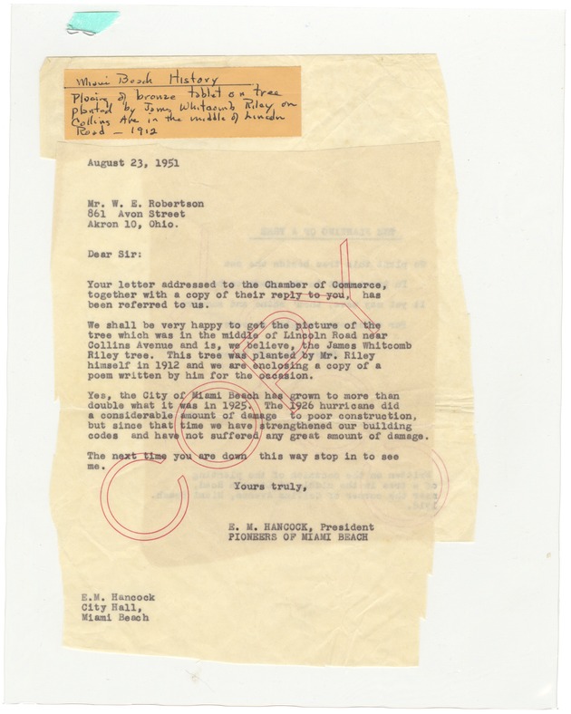 James Whitcomb Riley Tree Planting poem and correspondence - Correspondence, August 23, 1951