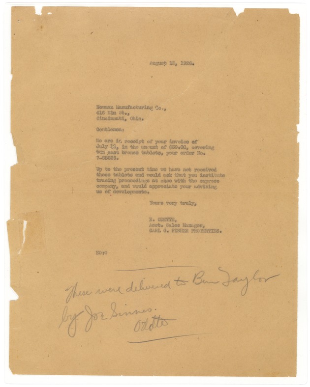 Correspondence regarding James Whitcomb Riley tree bronze tablets