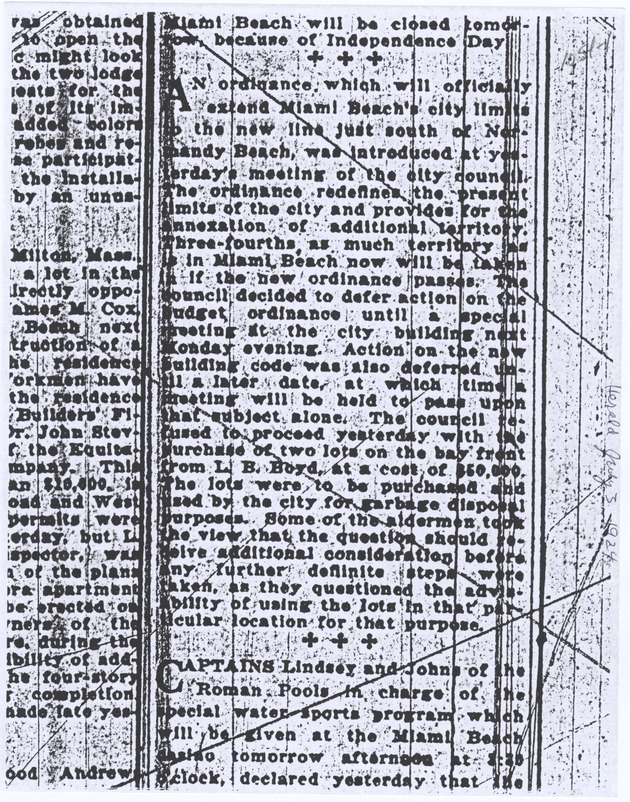 Newspaper clipping indicating Miami Beach's city limit extension in Normandy Beach - 