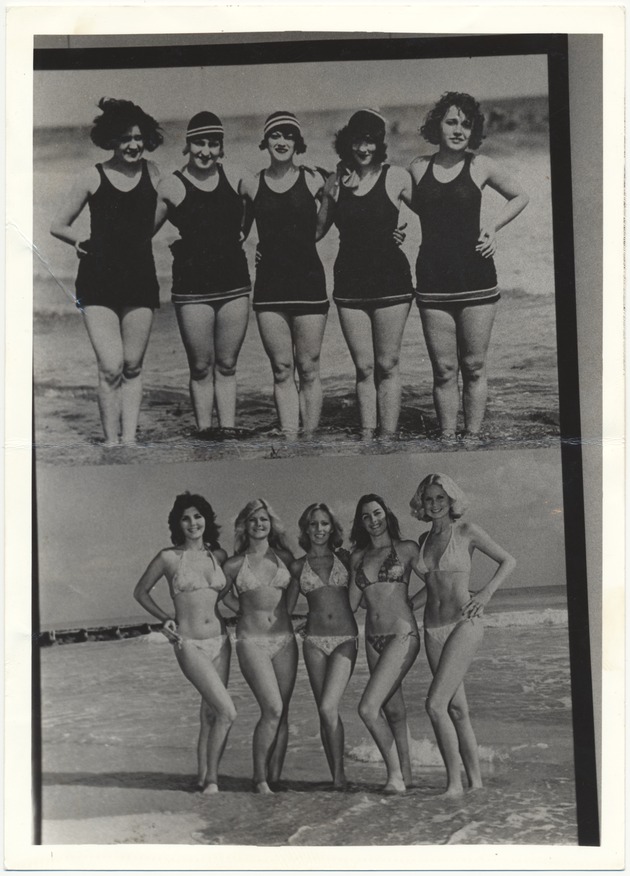 Bathing suits from the 1920s and the 1970s - Photograph, recto: [Views of women at the beach comparing bathing suits from the 1930s and the 1970s]