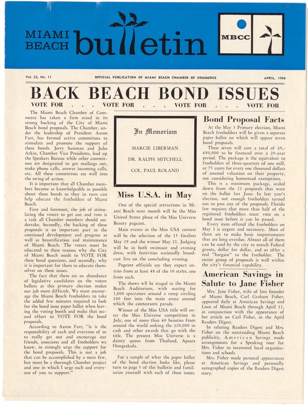 Miami Beach Bulletin Vol II, No. 11. - Newspaper, cover: Miami Beach Bulletin April 1966