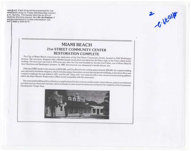 21st Street Community Center Restoration Complete Advertisement