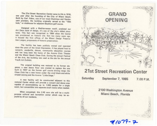 Grand Opening Program Schedule for 21st Street Community Center - 