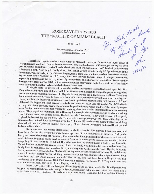 Rose Sayetta Weiss article by Abraham Lavender and two newspapers clippings - Article, p. 1: Rose Sayetta Weiss The Mother of Miami Beach