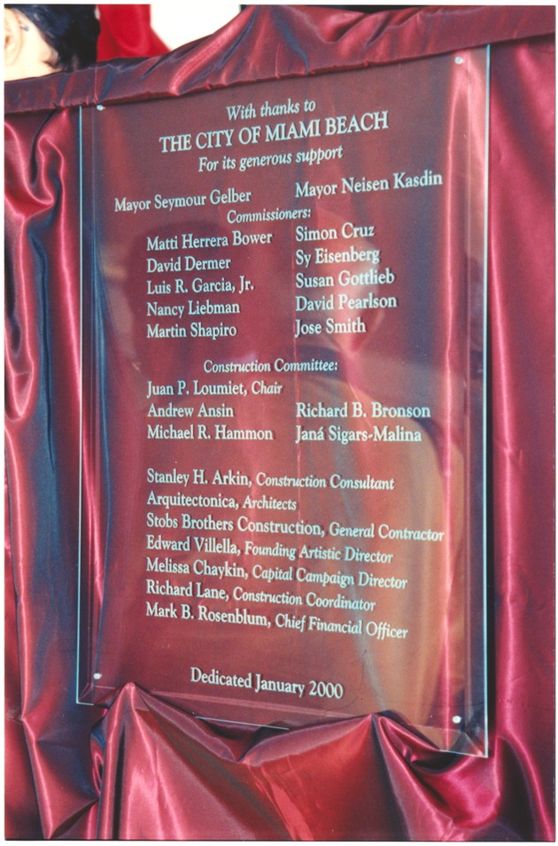 Miami City Ballet ribbon cutting ceremony, 2000 - Photograph, recto: [View of plaque with Miami Beach City Commission names, 2000]