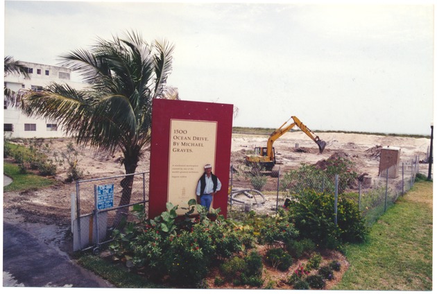 Miami Beach oceanfront condominiums and buildings under construction, late 1990s - Photograph, recto: [View of construction at 1500 Ocean Drive. By Michael Graves]