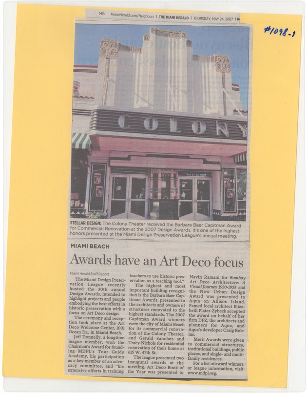 Miami Beach Art Deco newspaper clippings - Clipping: [Photographic illustration showing the Colony Theater]