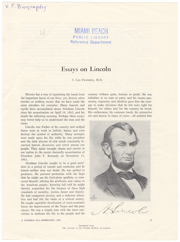 Essay on Lincoln by I. Leo Fishbein, M.D. - 