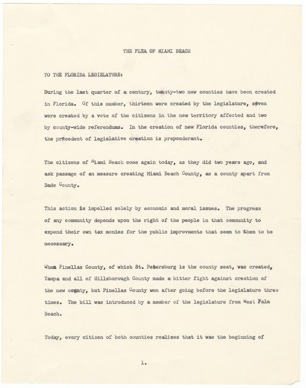 A Plea – from Miami Beach Citizens for the Creation of a New County - 
